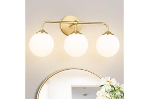 DSMJFU DSMJFU Modern Brushed Gold 3-Lights Vanity Light Fixtures with Milky White Glass Ball Shades, Mid Century Brass Wall Sconce Lighting Fixtures over Mirror, Wall Sconces for Bathroom Dressing Table Bedroom