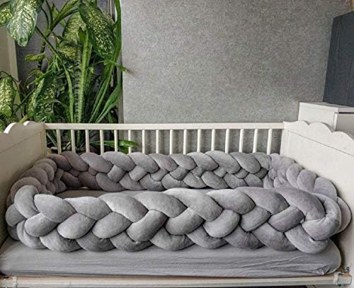 Baby Crib Bumper (4 Strands,Widening) Plush Nursery Cradle Decor Knotted Braided Junior Bed Sleep Safety Bedside Padded Plush Cushion for Gift(157 Inch/4M, Gray)