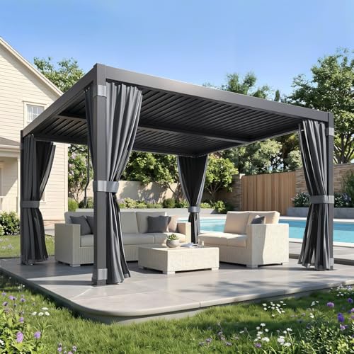 MELLCOM Louvered Pergola 10x10, Aluminum Pergola with Adjustable Louvered Roofs, Outdoor Gazebo with Waterproof Curtains and Nets, Black