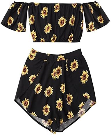 Dreaman Summer Elegant Fashion Design Casual Two Piece Set Women Off Shoulder Sunflower Printed Beachwear Crop Tops