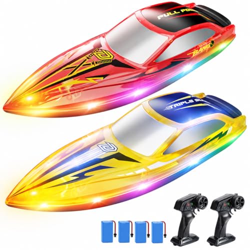 DEERC 2-Pack Fast RC Boats for Kids, Dual-Style Racing Set with LED Lights, 20 KPH High-Speed Remote Control Boats, 4×1200mAh Batteries, Waterproof Toy for Lakes & Pools