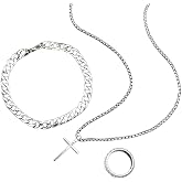 DATOA 3Pcs Cross Necklace Stainless Steel Chains Bracelet Ring for Men Silver Gold Black Pendant Minimalist Jewelry