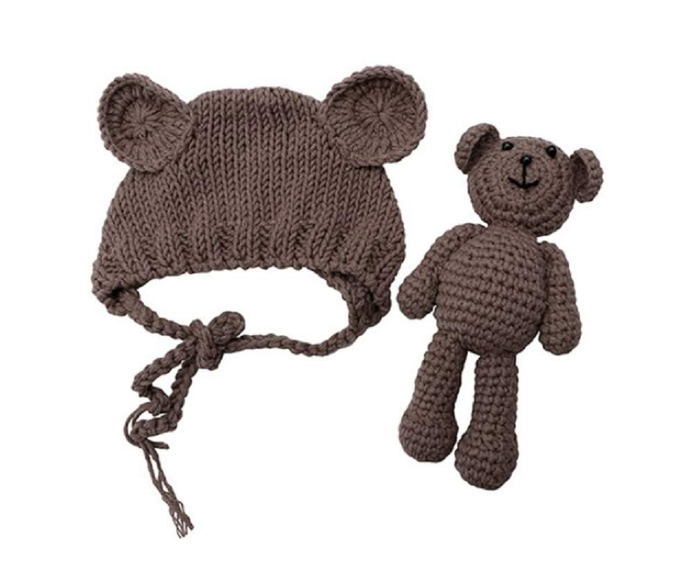 Matissa Newborn Baby Crochet Knit Costume Photography Prop Baby Bear Hat and Doll Set mothers day gift (Brown)