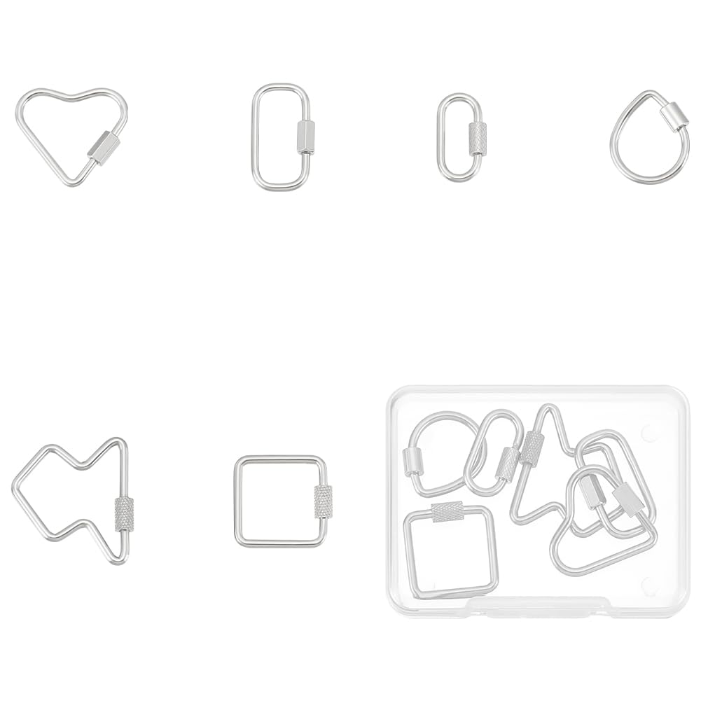 UNICRAFTALE About 6Pcs 6 Styles 304 Stainless Steel Screw Carabiner Lock Charms Metal Screw Locking Keychain Carabiner Charm Oval Teardrop Heart Keychain Clip for Necklaces Jewelry Making Supplies