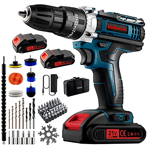 Undreem Cordless Drill Driver Kit with 2 Batteries, 21V 66Pcs Impact