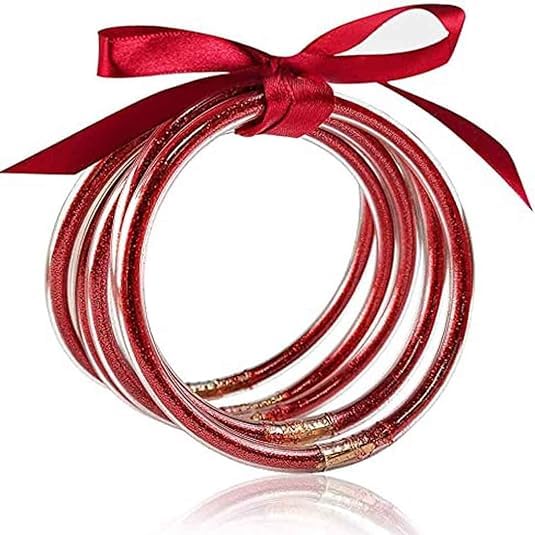 Jovono Christmas 5PCS Glitter Jelly Bangles Bracelets Set Christmas Bowknot Glitter Jelly Silicone Bracelets Multicolor Hand Accessories for Women and Girls (Red)