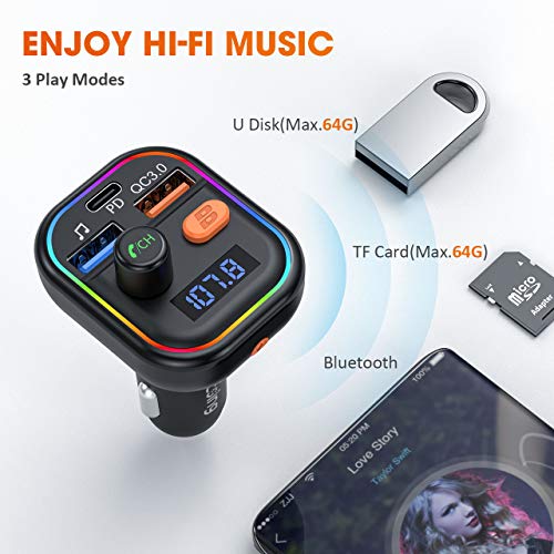 VicTsing Bluetooth FM Transmitter for Car, 41W PD & QC3.0, Car Radio Audio Adapter, RGB Backlight/Deep Bass/ BT5.0, U Disk/TF Card Music Play, Hands-free Support Siri Google-Assistant