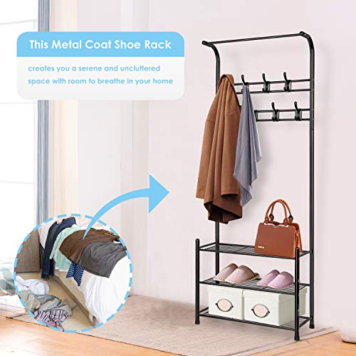 alvorog Entryway Coat Rack Shoe Bench, 3-in-1 Hall Tree, 3-Tier Storage Shelves with 16 Hooks Multifunctional Hallway Organizer, Easy Assembly (Black)