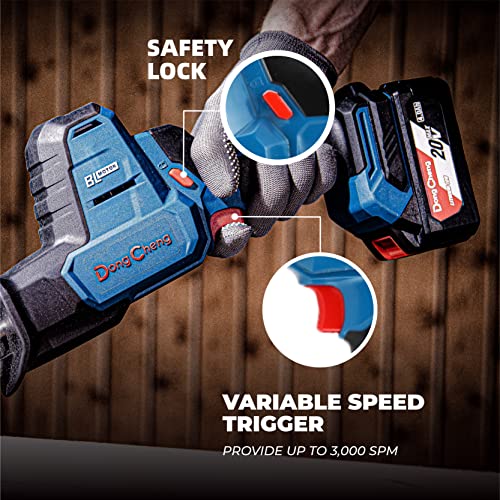 DongCheng 20V MAX Kabelloses, Bürstenloses, Kompaktes Einhand-Reciprosäge-Kit mit 4 Stück Klingen für Holz & Metall, 4,0Ah Lithium-Ionen-Akku und Ladegerät & Tragetasche, Modell# DCJF22