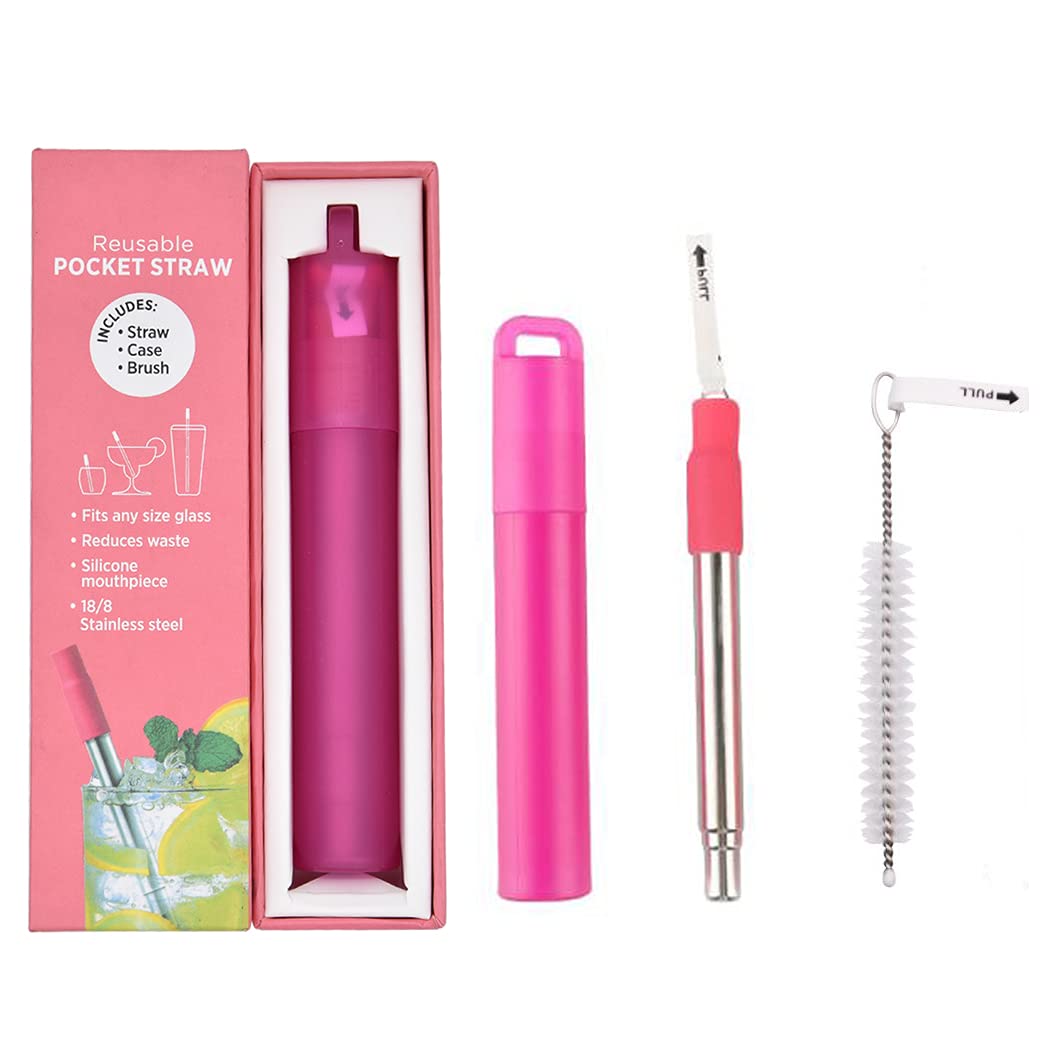 Hoshen Reusable Stainless Steel Telescopic Straw, Portable Straw, with Silicone Nozzle and Cleaning Brush (Original Box), Red，1 Piece