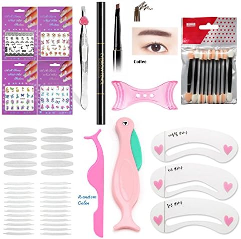 Eyebrow Pencil Beauty Set Eyebrow Trimmer Brow Tweezers False Eyelash Curler 3 Pcs Stencil Card Magic Lift Double Eyelid Sticker 10Pcs Eyeshadow Applicator Sponge 4 Sheets Cool Nail Decal (Coffee)