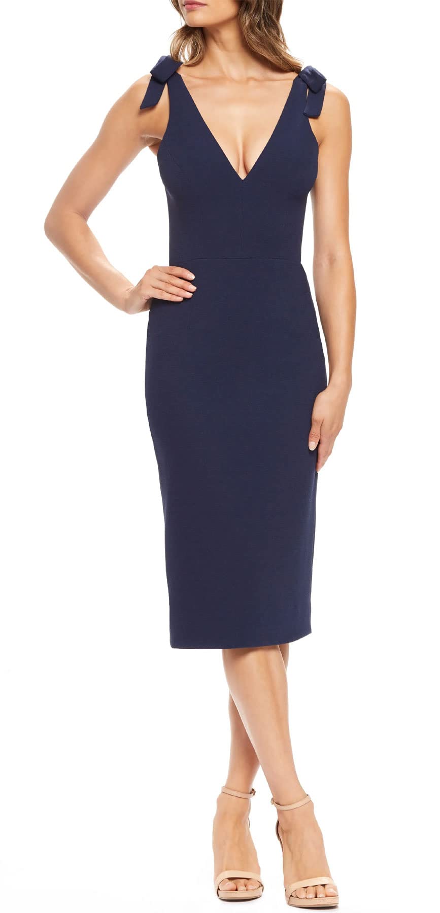 DRESS THE POPULATION womens Lita Sleeveless Plunging Midi Sheath W Bows Dress, Midnight Blue, Large US