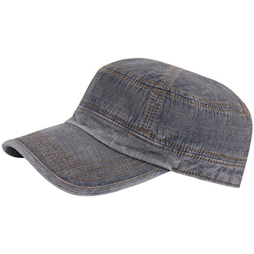 RaOn A194 Army Cap Denim Stitch Vintage Stone Washing Biker Club Cadet Military Hat (Black)
