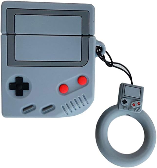 Skoveph Game Boy Shape AirPods Case, 3D Cartoon Soft Silicone Protective Mini Bag Cute Retro Creative Airpods 1 & 2 Stand Cover with Finger Loop (Grey)