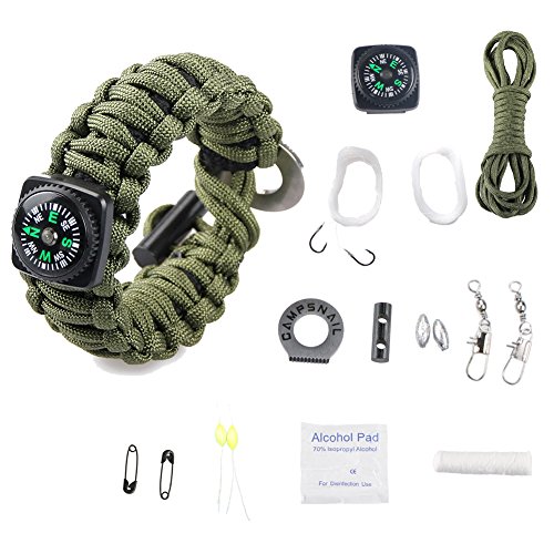 CAMPSNAIL Paracord Bracelet EDC Emergency Kit - Survival Kit with Firestarter, Compass, Fishing Gear for Outdoors and Survial (Army Green)