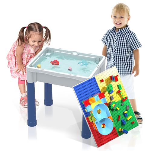 PicassoTiles Kids Activity Center Play Table & Study Desk Set Sandbox Water Tight Container Storage All-in-1 STEM Toy Kit Playset with 330pc Dual Size Building Bricks Construction Blocks Marble Run