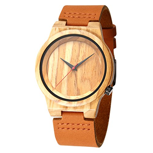 LEFTLY Mens Wooden Watch with Genuine Leather Strap Lightweight Quartz Movement Analog Wrist Watches