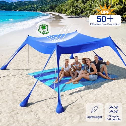 Rhino Valley 3 x 3 m Ultra Stable Portable Beach Tent, UV Protection UPF50+ Super Windproof Beach Tent with 8 Fillable Sand Anchors and 4 Aluminium Rods