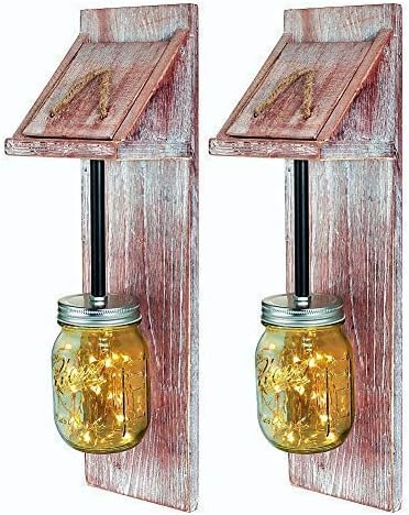 HABOM Hanging Rustic Sconces Wall Decor with Fairy lights Mason Jar Lights With LED Strip Lights(No Included Batteries), Mason Jar Rustic Home Decor(Set of 2)