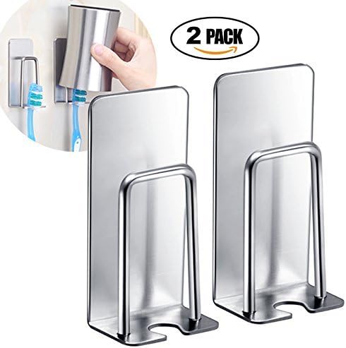 GB4 Wall Mounted Toothbrush Holder with Self Adhesive - Brushed Stainless Steel (2 Pack)