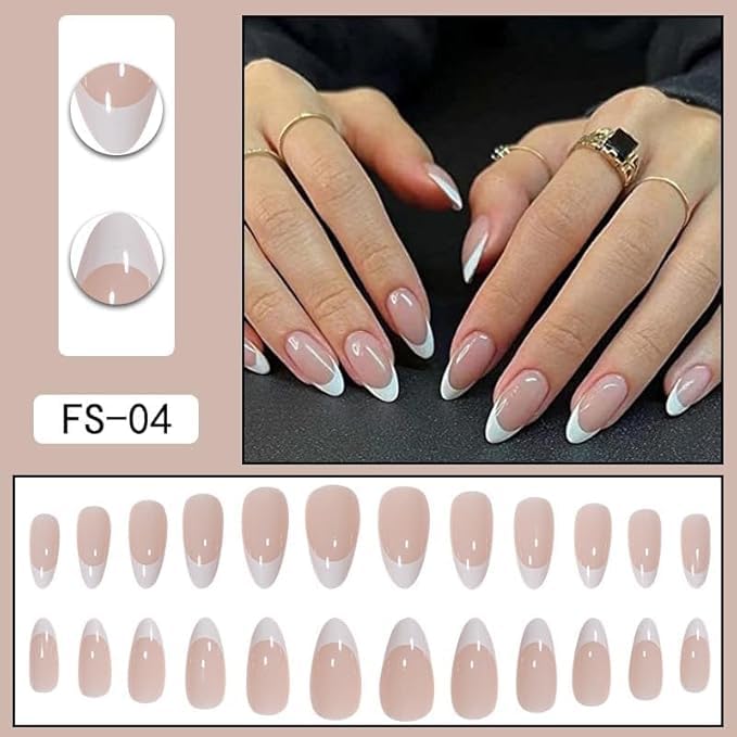 French Press On Nails Almond White Tip Acrylic Fake Nails, 24pcs