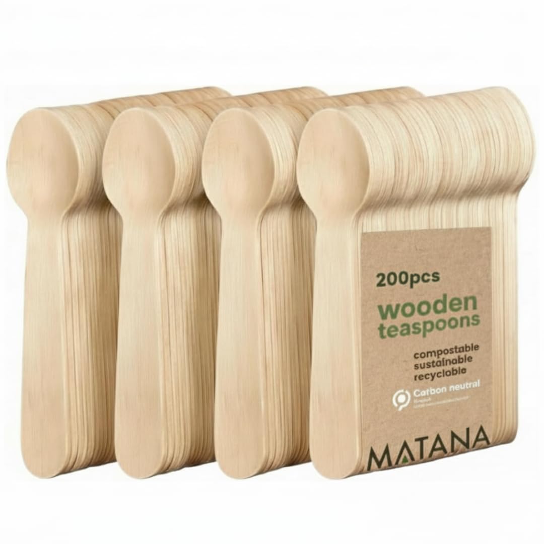 MATANA 200 Premium Wooden Teaspoons - 14 cm Birch Wood, Smooth & Splinter-Free, Plastic-Free Mini Spoons for Coffee, Desserts, Tastings & Party Catering - Compostable and Biodegradable