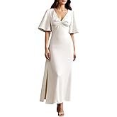 winkbay Women's Twist Front V Neck Maxi Dress Puff Half Sleeve Split Hem Flowy Dresses