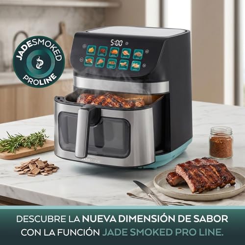 JadeCook Freidora de Aire con Ahumador de 9 Litros Pantalla Táctil Digital, 10 Programas Preestablecidos, Cesta Antiadherente con Ventana Transparente, Negro