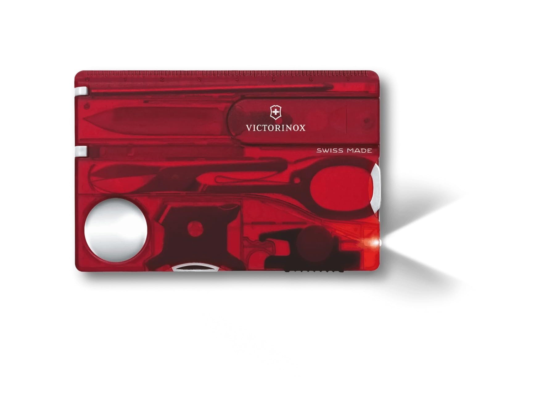 Victorinox Swiss Card Lite, Swiss Made Pocket Tool, 13 Functions, LED, Magnifier, Red Transparent