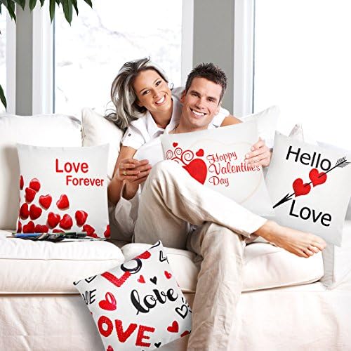 Set of 4 Happy Valentine's Day Throw Pillow Covers Holiday Throw Linen Cotton Pillowcase Decor Cushion Case 18x 18 Inch