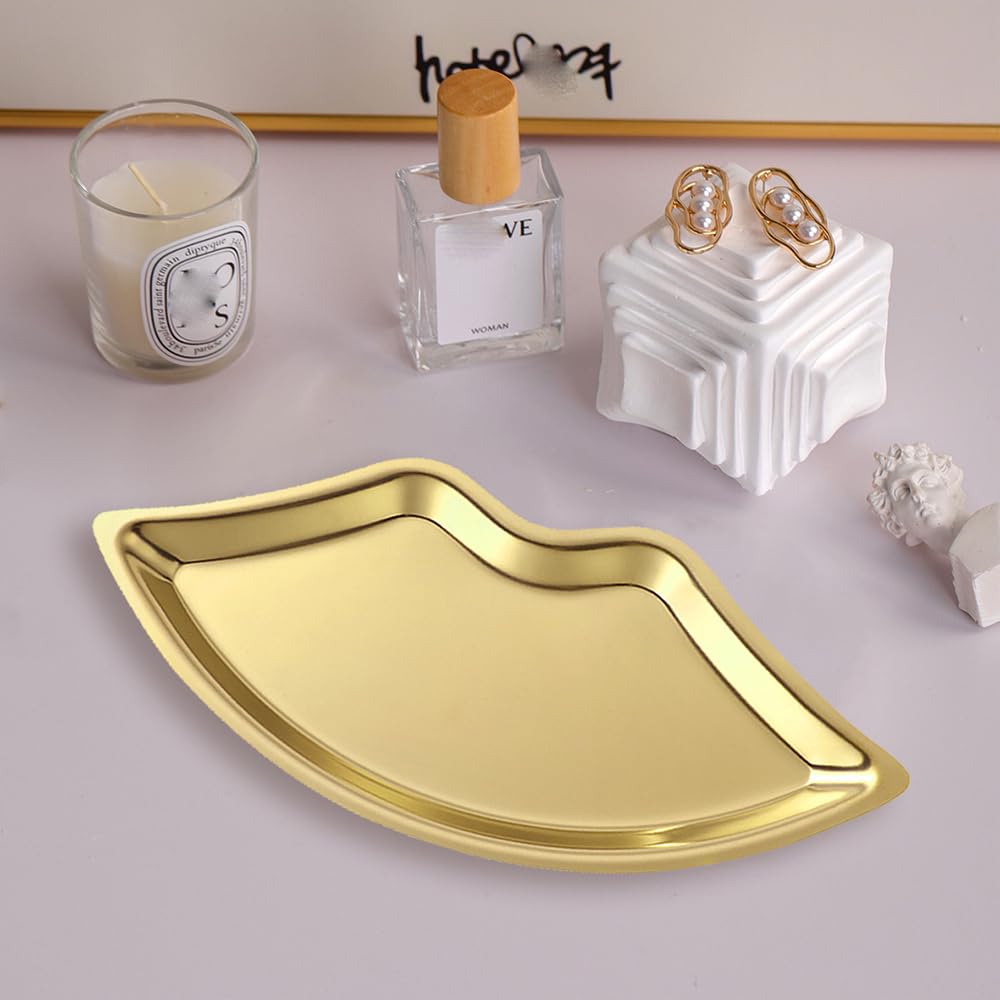 BuerHomie Golden Serving Tray, Lip Shape, Stainless Steel, for Trinket Key
