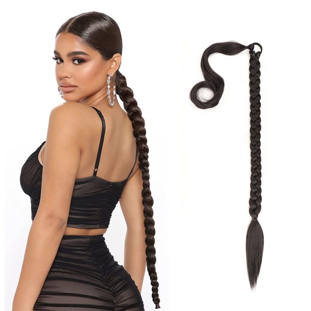 32 inch DIY Braided Ponytail Extension with Hair Tie, Long Straight Wrap Around Ponytail Hair Extensions Soft Synthetic Pony Tail Hairpieces for Women Girls Black (4#)