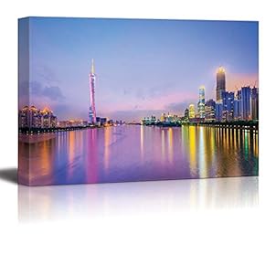 Guangzhou China City Skyline Cityscape on The Pearl River in The Evening - Canvas Art Wall Art - 12" x 18"