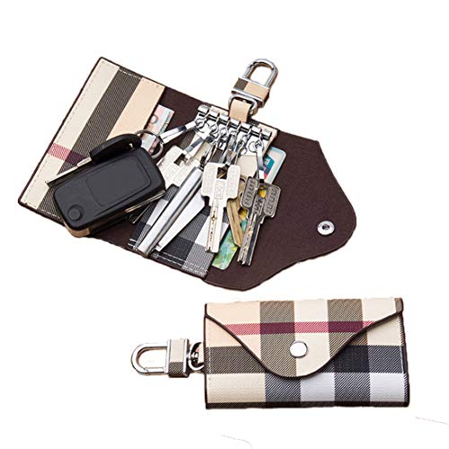 Women Men Leather Car Key Chain Card Holder, Money Wallet Pouch Case 6 keys Organizer Bag Case (Beige)