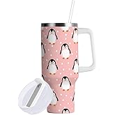 Boccsty Christmas Pink Penguin Insulated Tumblers White Dot Reusable Stainless Steel Tumbler 40 oz Cup Coffee Travel Mug Water Bottle with Handle & Flip Straw for Home Office Car