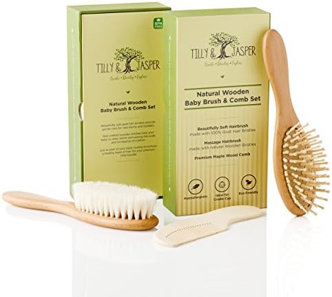 Tilly &amp; Jasper - Wooden Baby Hair Brush and Comb Set I Detangling Brush for Newborns and Toddlers I Cradle Cap Brush Set I Soft Goat Bristles I Eco-friendly Wood I Ideal Baby Gift Idea - Baby Registry