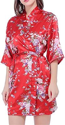 Coac3 Silk Satin Wedding Bride Robe Floral Bathrobe Short Kimono Robe Dressing Gown For Women As The Photo Show XXL