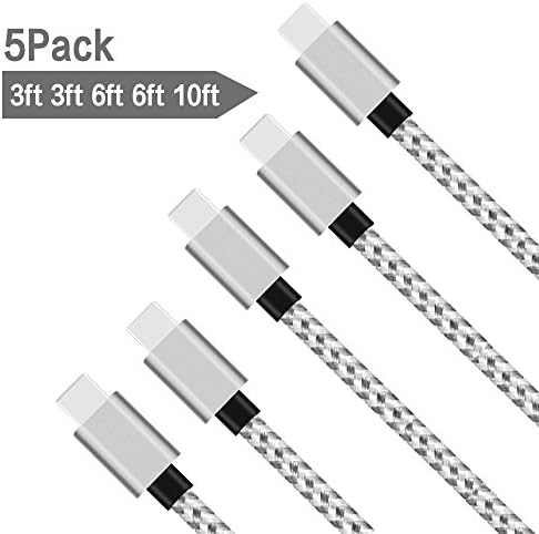 USB Type C Cable, VPR [5Pack 3ft/3ft/6ft/6ft/10ft] Nylon Braided Type A to C Data Charging Cable for Samsung Galaxy S8/ S8+ Plus, Note 8, Z981, LG G6 G5, Nintendo Switch, Nexus 6P 5X (SilverWhite)