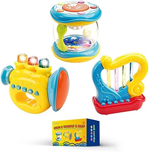 FanBell Musical Instruments Toddler Toys For Babies. Set of 3 Trumpet, Drum, Harp Music Toys
