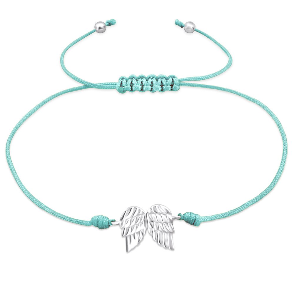 The Rose & Silver Company Women 925 Sterling Silver Adjustable Wings Aqua Cord Charm Bracelet 12cm to 26cm
