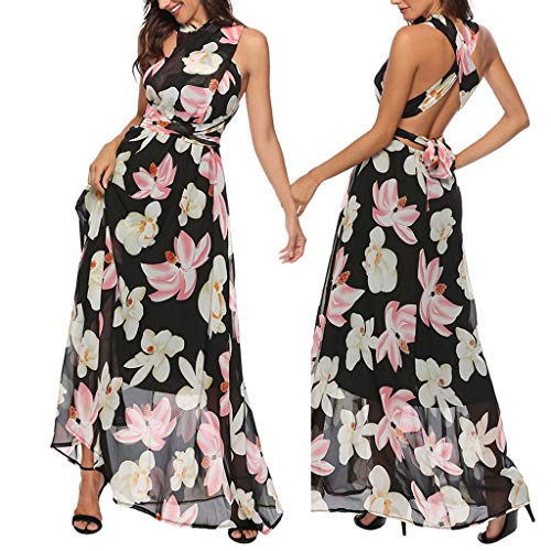 TIFENNY Multi-wear Maxi Dresses for Women V Neck Printed Bandage Backless Sleeveless Swing Dress Beach Long Dress White