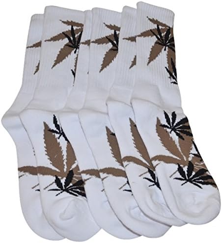 Marijuana Weed Pot Leaf Socks Crew Length, Cotton, One Size, 3 Pairs (White/Black&amp;Brown)