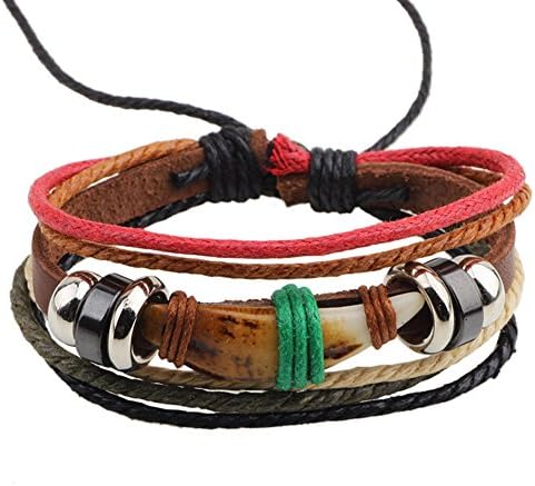 Popular Style The Dog Tooth Woven Leather Bracelet Wooden Beads and Alloy Accessories Adjustable Cuff Charm Bangle