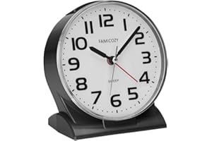FAMICOZY 4.5" No Ticking Analog Alarm Clock,Silent Readable for Seniors,Easy to Set,Gradual Rise Alarm,Big Numbers,On/Off Switch on Side,Gentle Wake,Snooze Soft Backlight,Battery Operated,Black