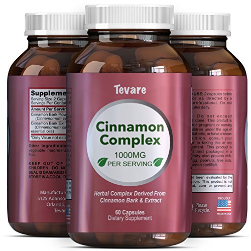 Complex Cinnamon Capsules - Vitamin For Weight Loss + Best Blood Sugar Support - 100% Pure For Men & Women - Antioxidant + Natural Essential Oils - Anti Inflammatory Supplement - 400mg - By Tevare