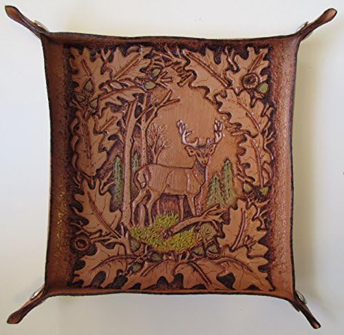 VALET TRAY Genuine Leather. Beautiful Tooled Leather Art. Made in USA. 'Deer in Woods'. Approximate size 6 1/2" sq. Great place to keep car keys, loose change. FREE SHIPPING on eligible orders.
