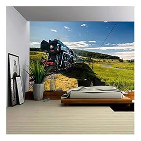 Steam Engine Locomotive Train Moving Next to The River - Removable Wall Mural | Self-Adhesive Large Wallpaper - 66x96 inches