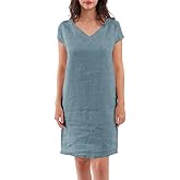 Amazhiyu Women's 100% Linen Summer V Neck Short Sleeve Shift Midi Dresses Pocket Dust Blue, Medium
