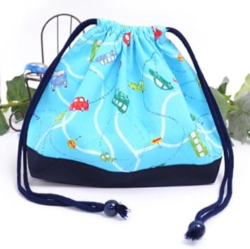 Amazon Co Jp ごきげんランチの巾着 中サイズ マチ付きお弁当袋 英語で描くドライブコース 水色 日本製 N 入園グッズ 入学グッズ きんちゃく袋 小学校入学準備 お弁当 おもちゃ