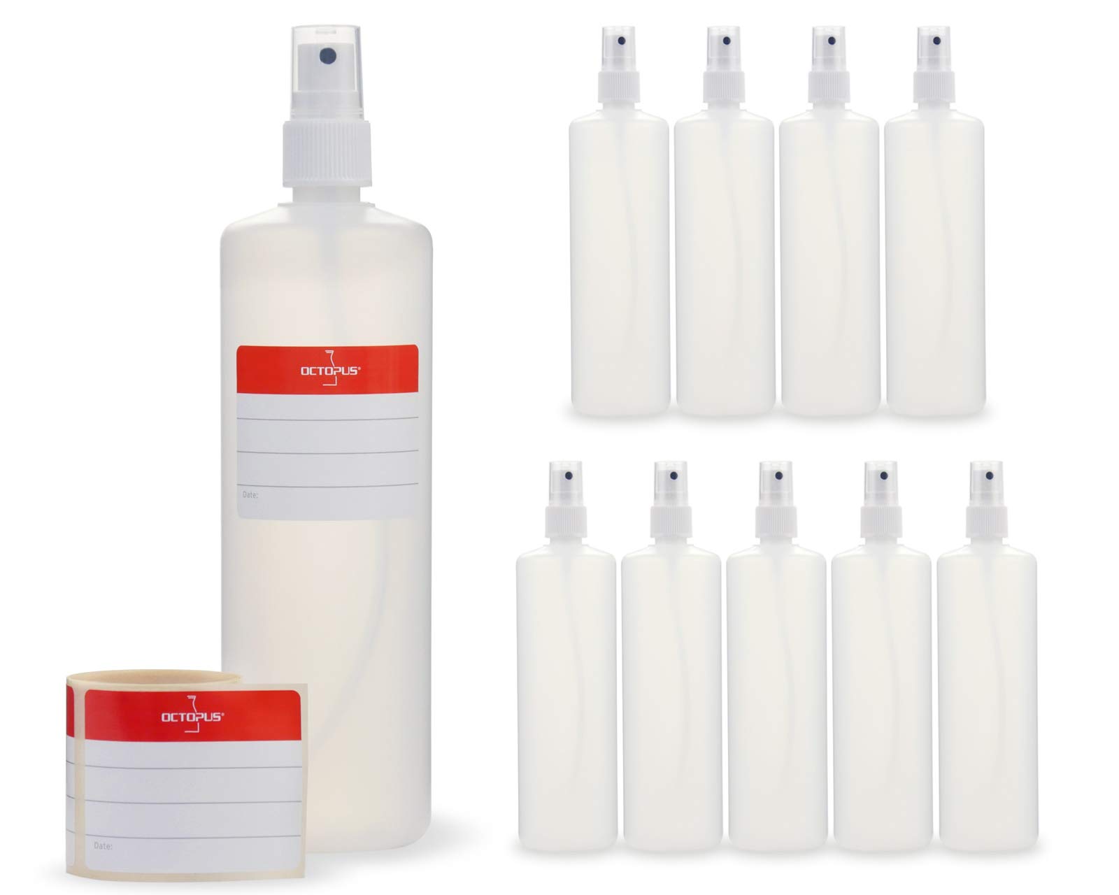 10x 250 ml Octopus spray bottles with finger atomiser, plastic bottles with pump sprayer, plastic bottles made of HDPE with atomiser, incl. labels